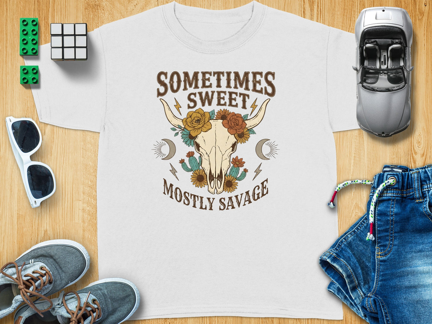 Sometimes Sweet Mostly Savage Bull Skull Floral T-shirt product type