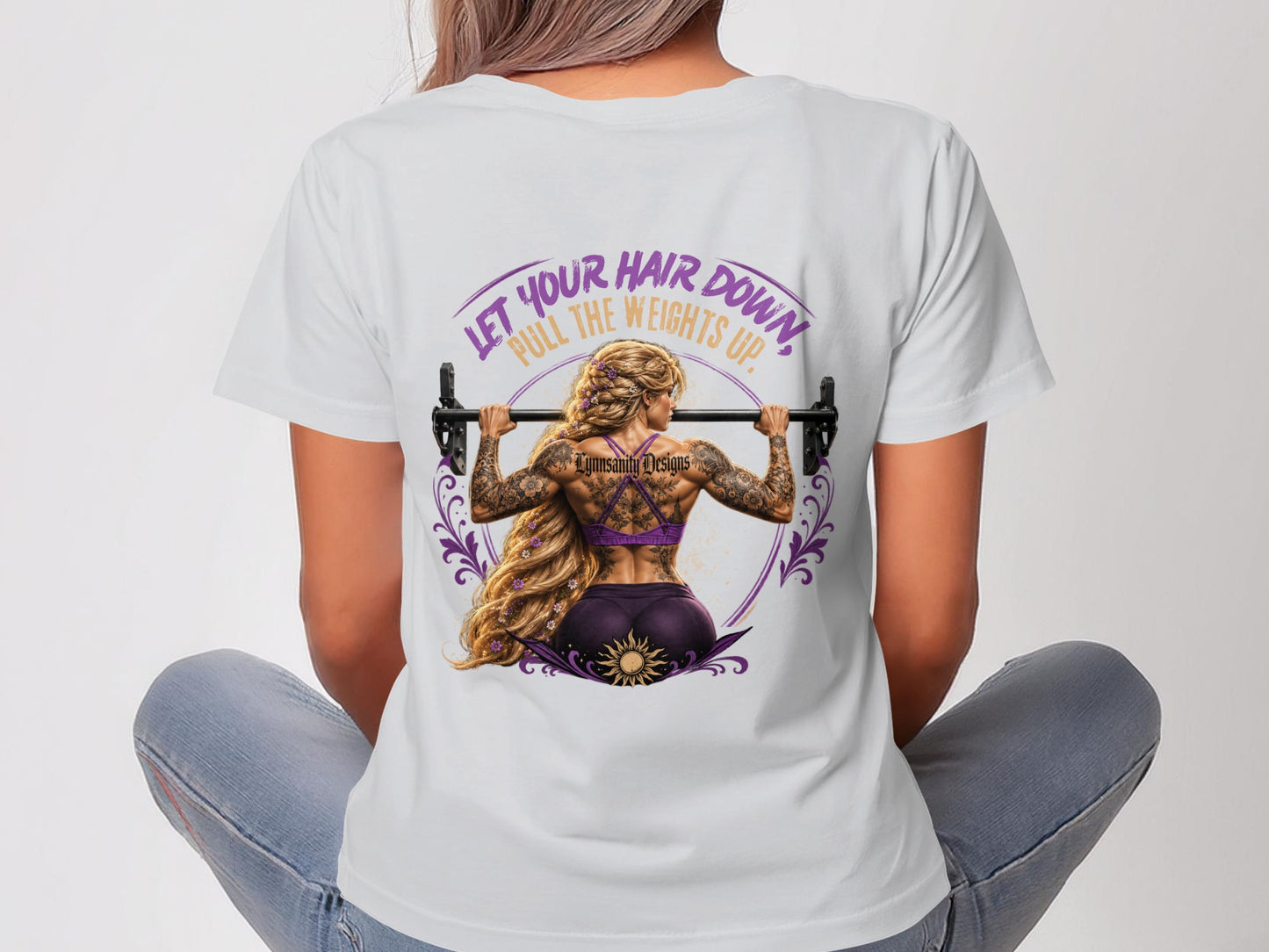 Woman with tattoos lifting weights, text: Let your hair down, pull the weights up.
