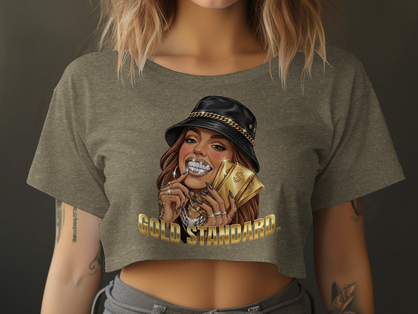 Woman wearing a cropped t-shirt holding gold bars and coins.