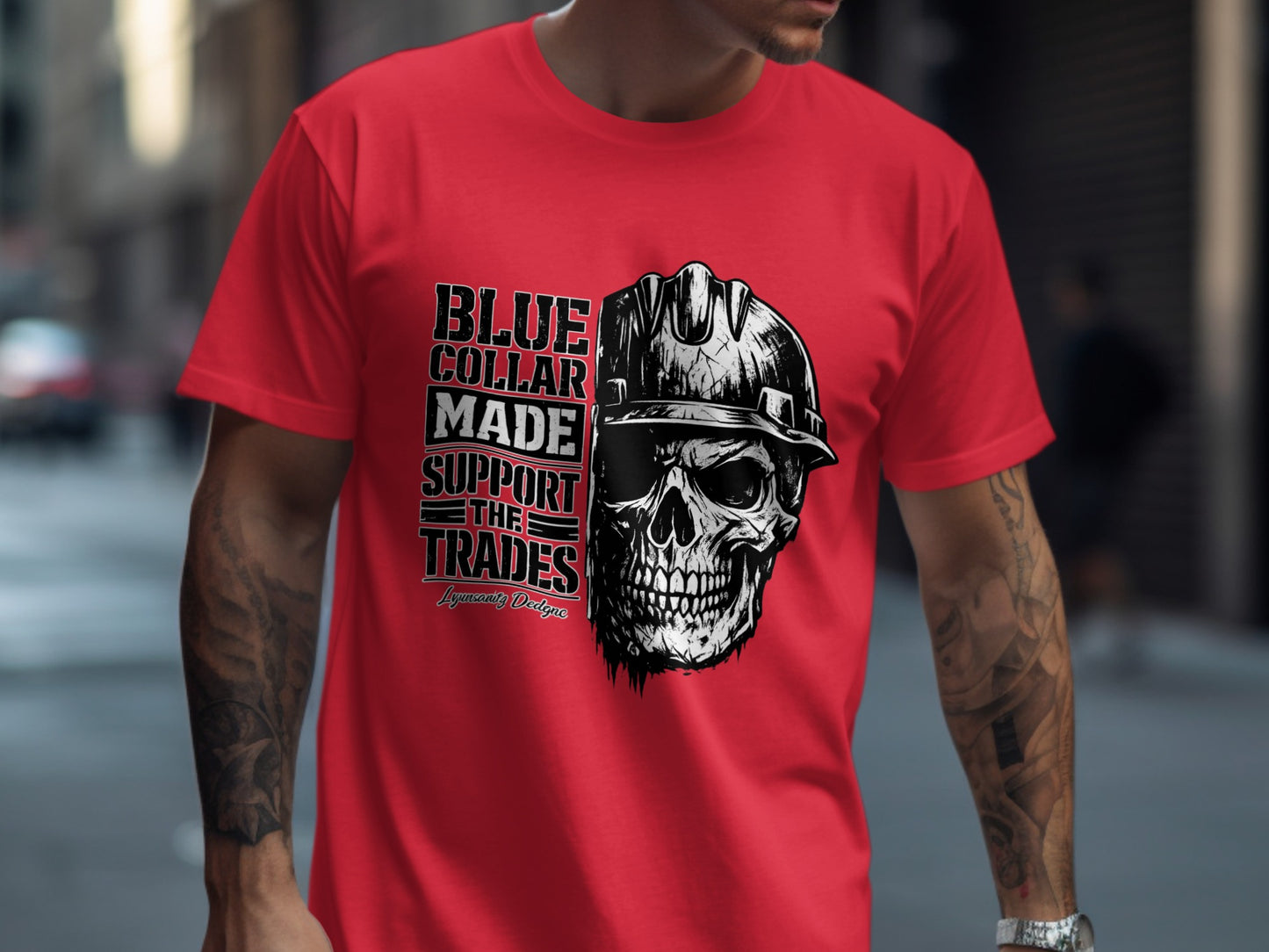 Red t-shirt with skull graphic and "Blue Collar Made The Trades" text.