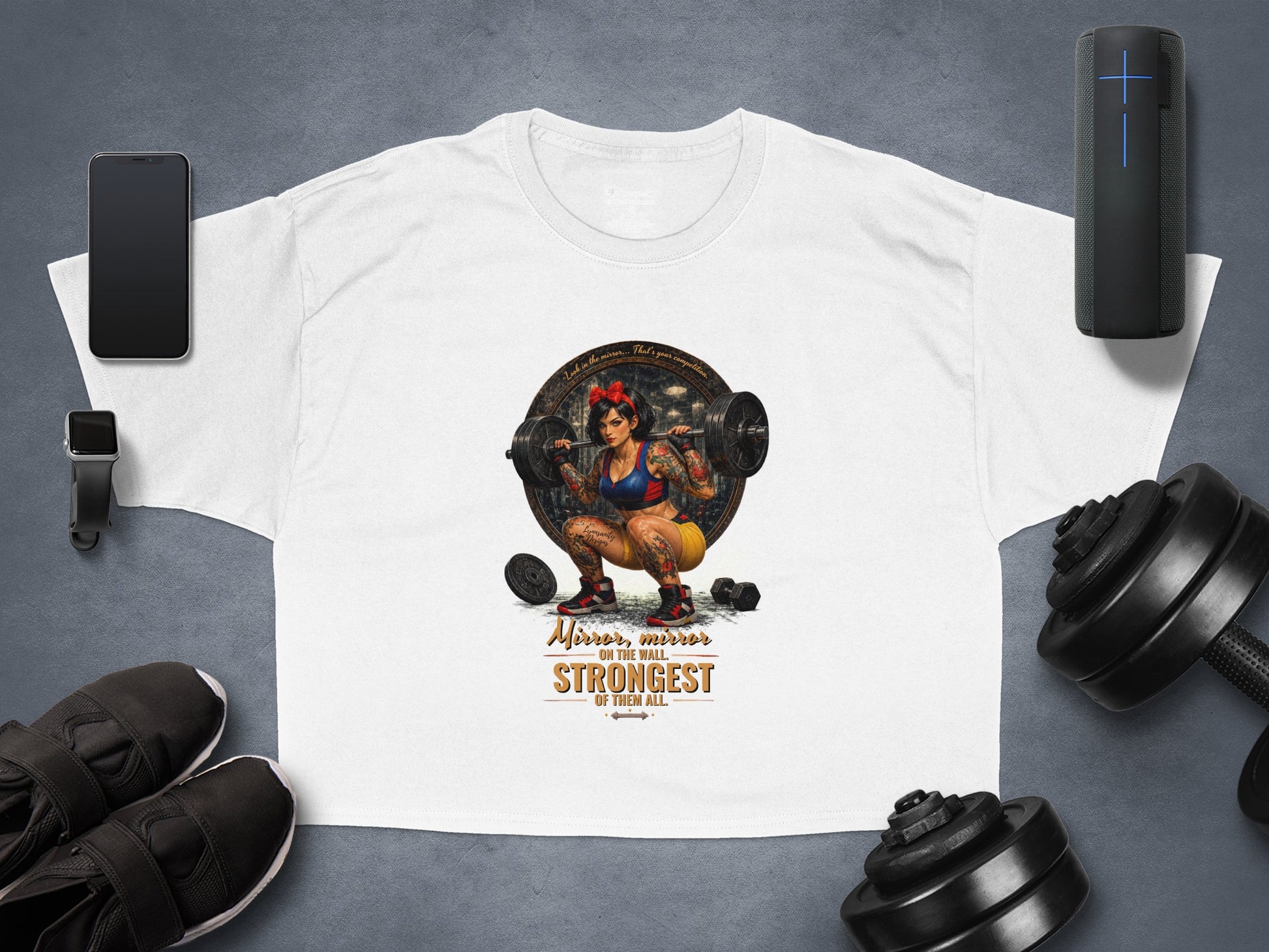 White t-shirt with "Mirror, mirror ON THE WALL. STRONGEST OF THEM ALL." text and graphic.