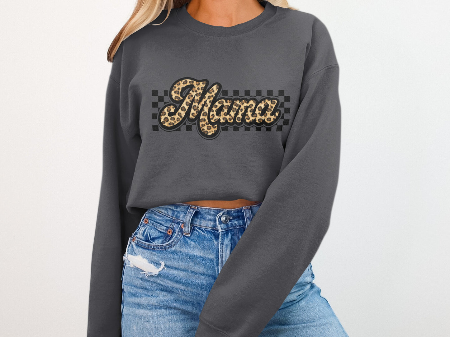 Dark gray sweatshirt with "Mama" in leopard print and checkered trim.