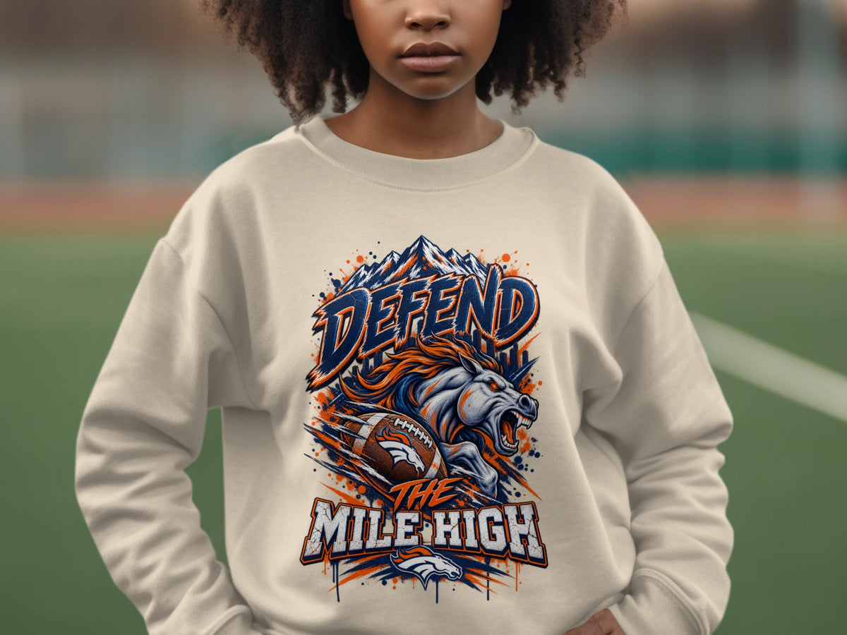 Sweatshirt with "Defend the Mile High" text and a Broncos football graphic.