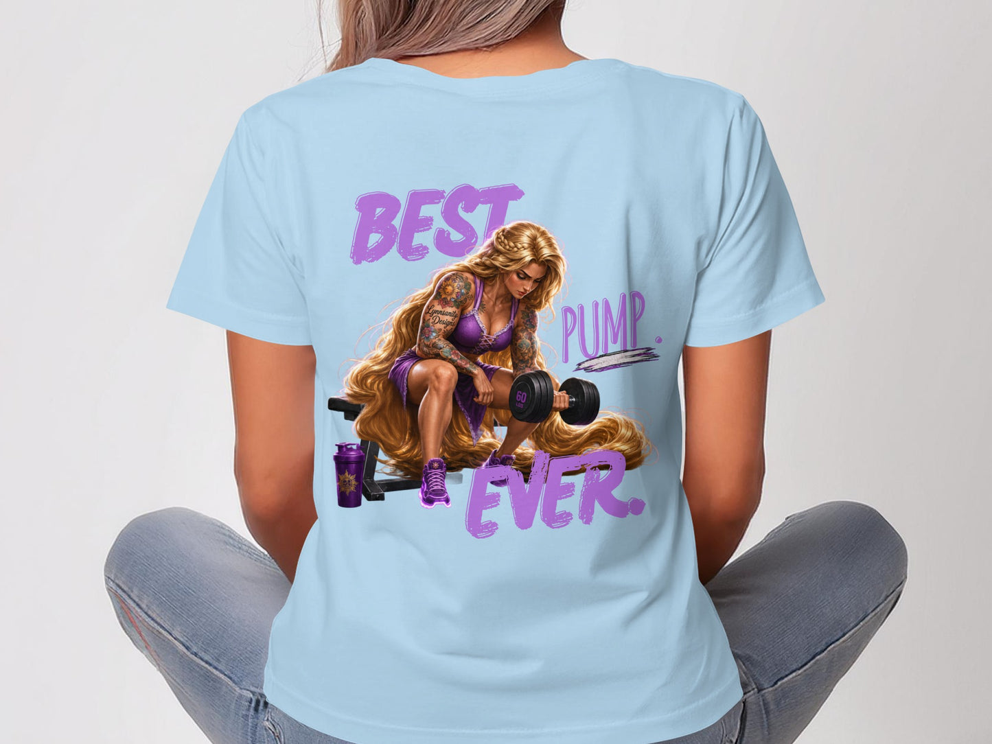 Woman lifting dumbbell, "BEST PUMP EVER" text, hair over shoulder.