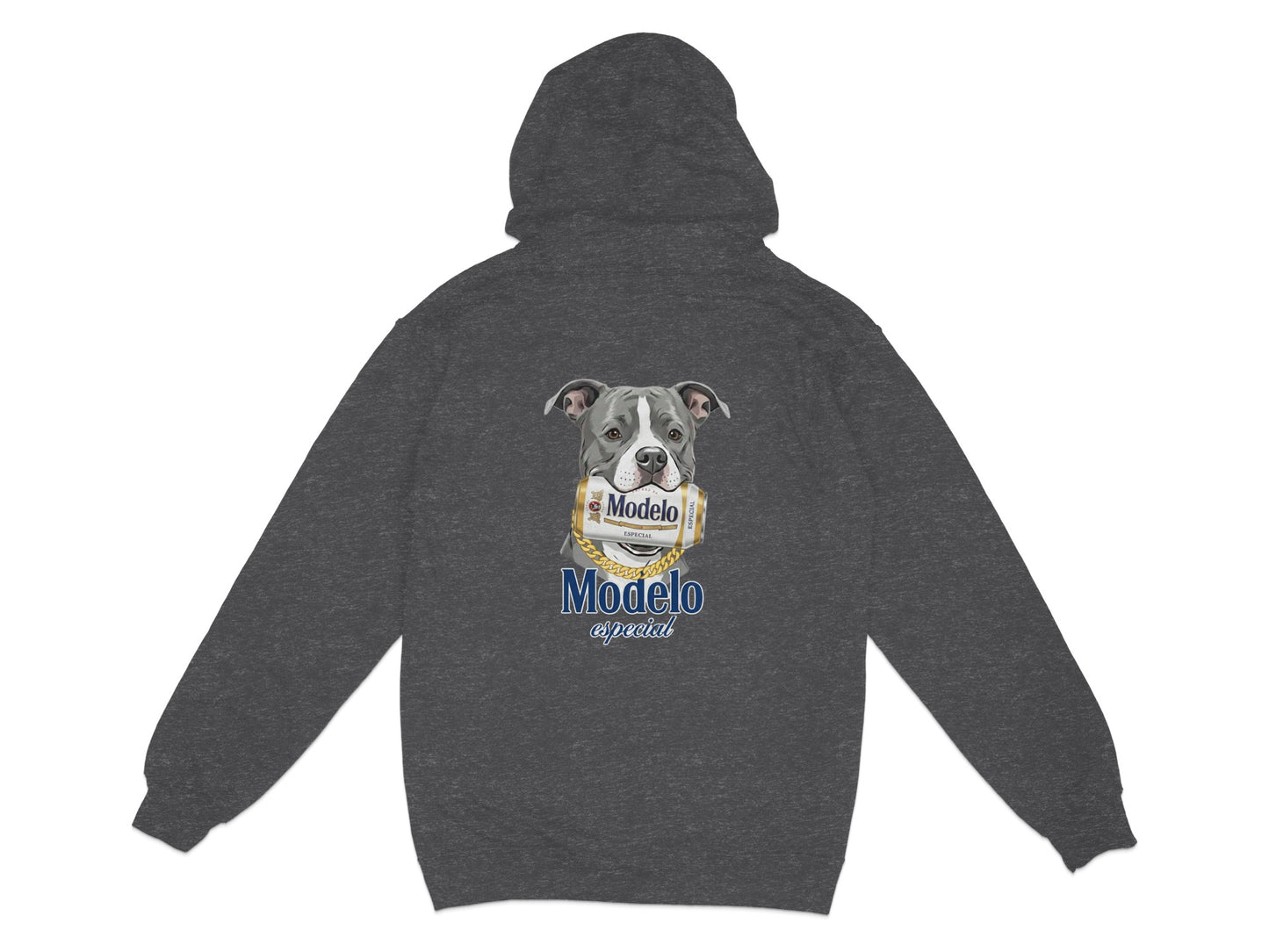 Hoodie with a pit bull wearing a Modelo Especial can around its neck.
