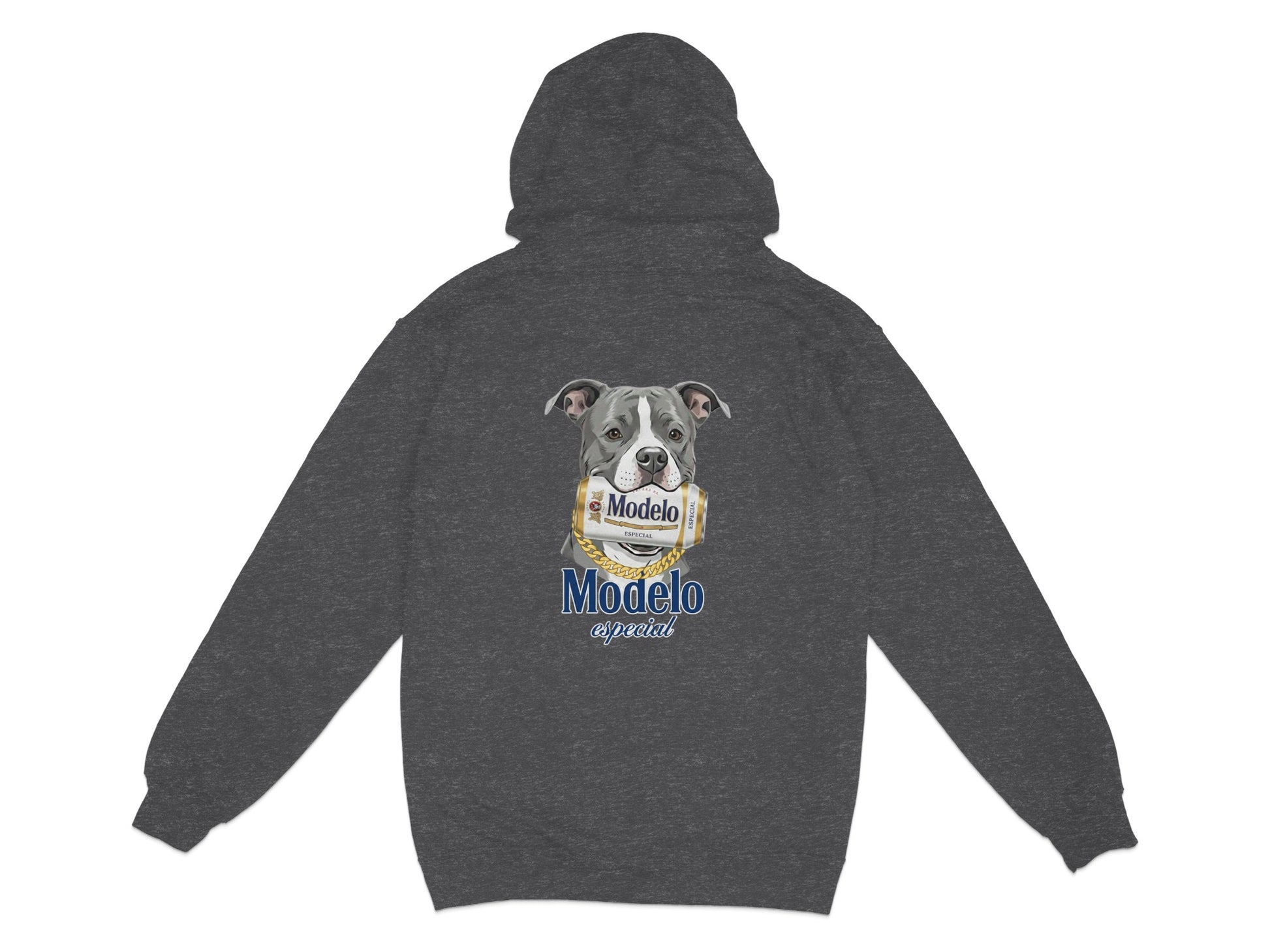 Hoodie with a pit bull wearing a Modelo Especial can around its neck.