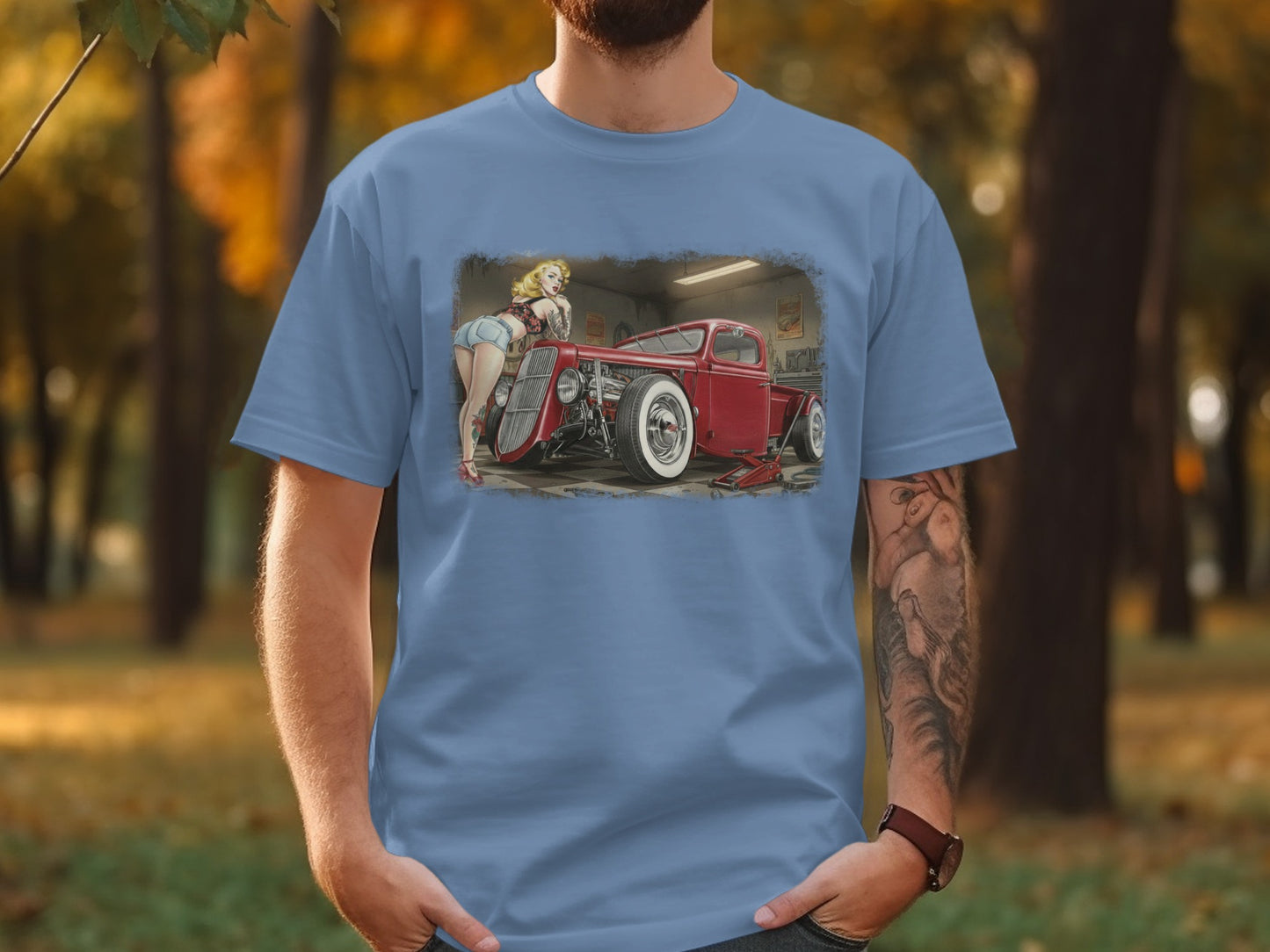 T-shirt with graphic of a retro red hot rod car and pin-up girl.