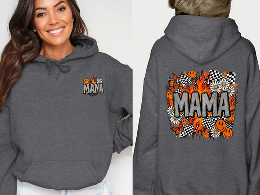 Gray hoodie with "MAMA" and flaming checkered pattern, butterflies, and smiley faces.