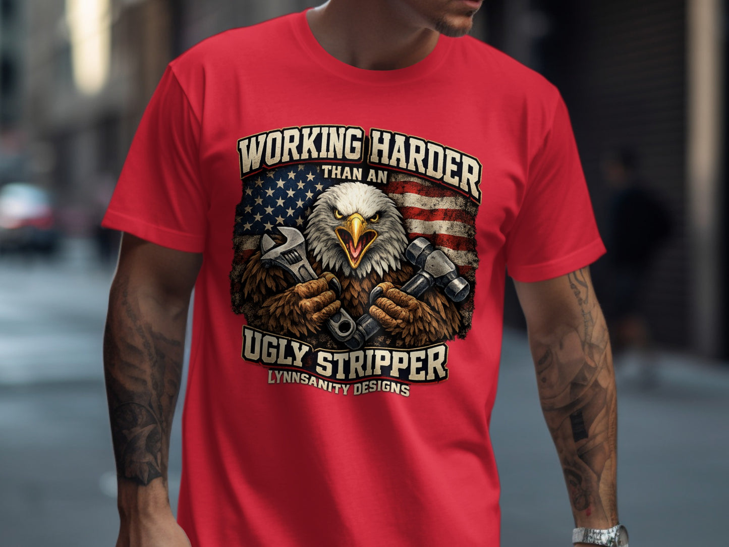 Red t-shirt with an eagle, wrench, hammer, and American flag graphic.