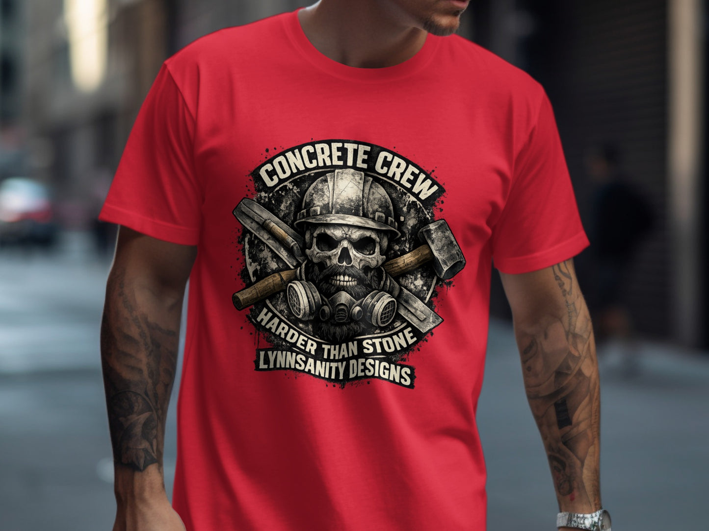 Red t-shirt with "CONCRETE CREW" skull graphic, hammers, and "HARDER THAN STONE" text.