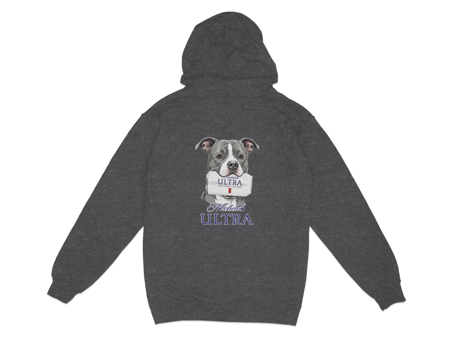 Dark grey hoodie with a Pitbull holding a Michelob Ultra can.