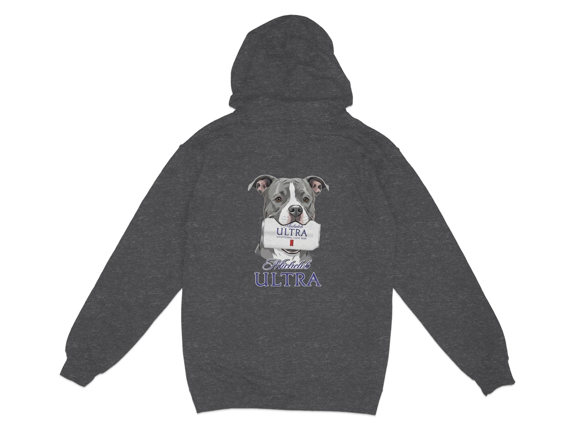 Dark grey hoodie with a Pitbull holding a Michelob Ultra can.