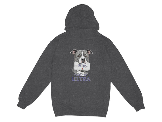 Dark grey hoodie with a Pitbull holding a Michelob Ultra can.