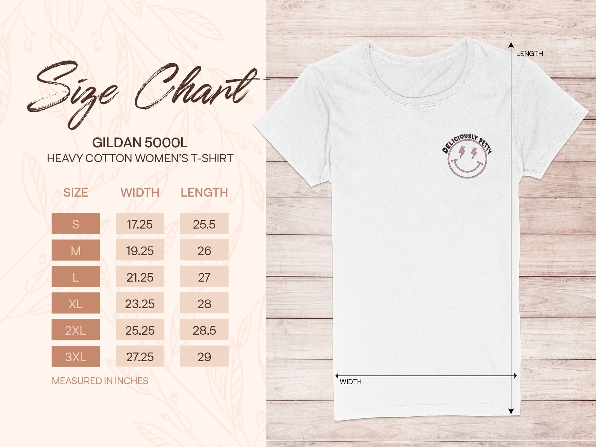 Gildan 5000L women's t-shirt size chart with measurements in inches.