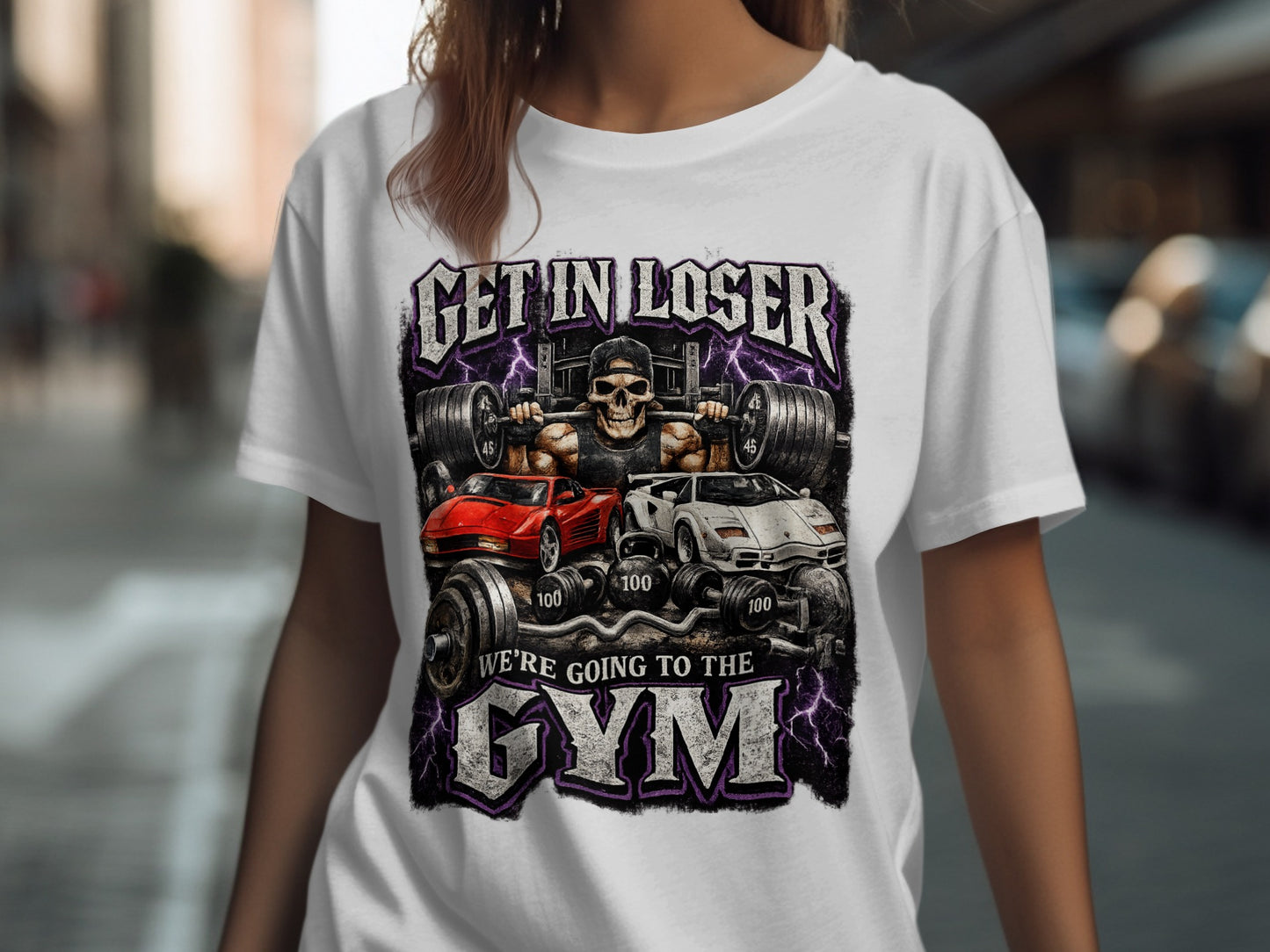T-shirt graphic with "GET IN LOSER WE'RE GOING TO THE GYM" and sports cars.