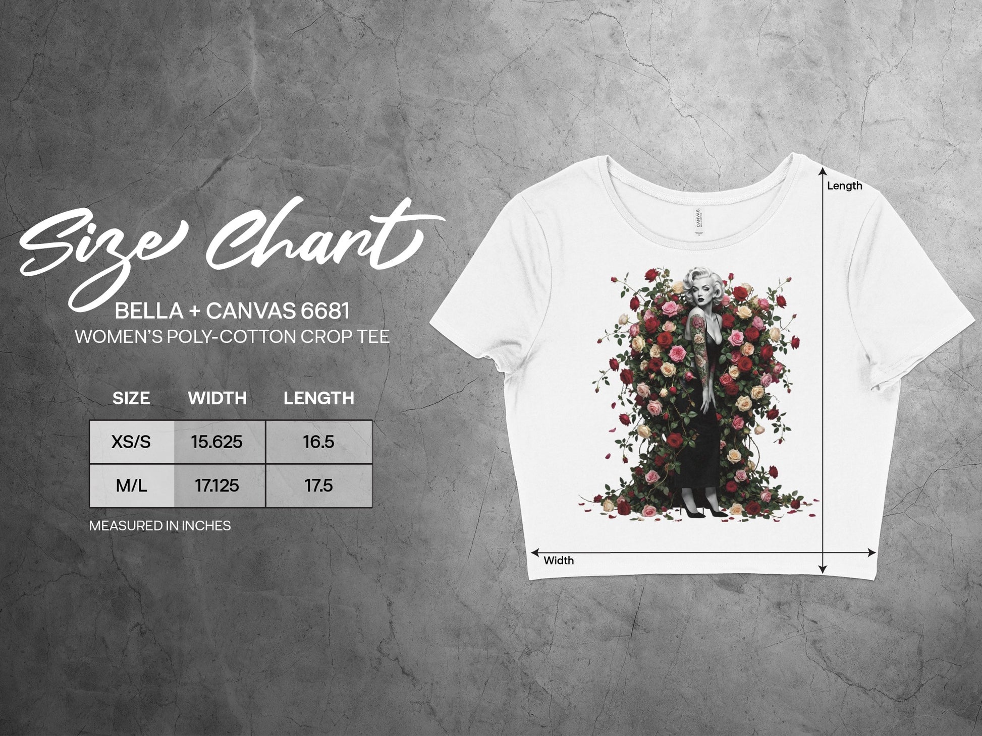 Size chart for Bella + Canvas 6681 women's crop tee, showing measurements.