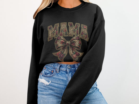 Black sweatshirt with "MAMA" and floral bow design.