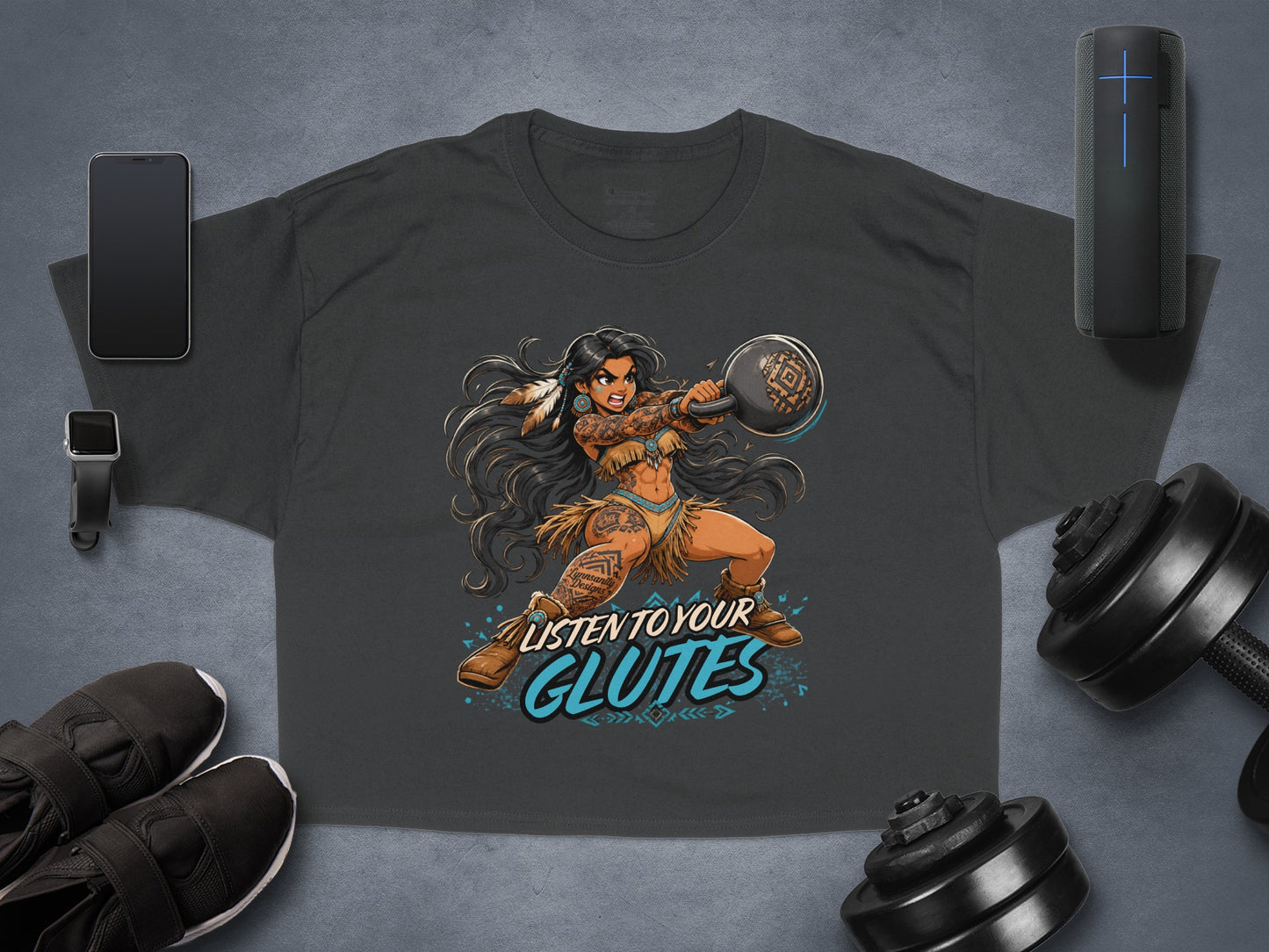 Tattooed woman in Native American attire lifts a kettlebell, text reads "Listen to your glutes."