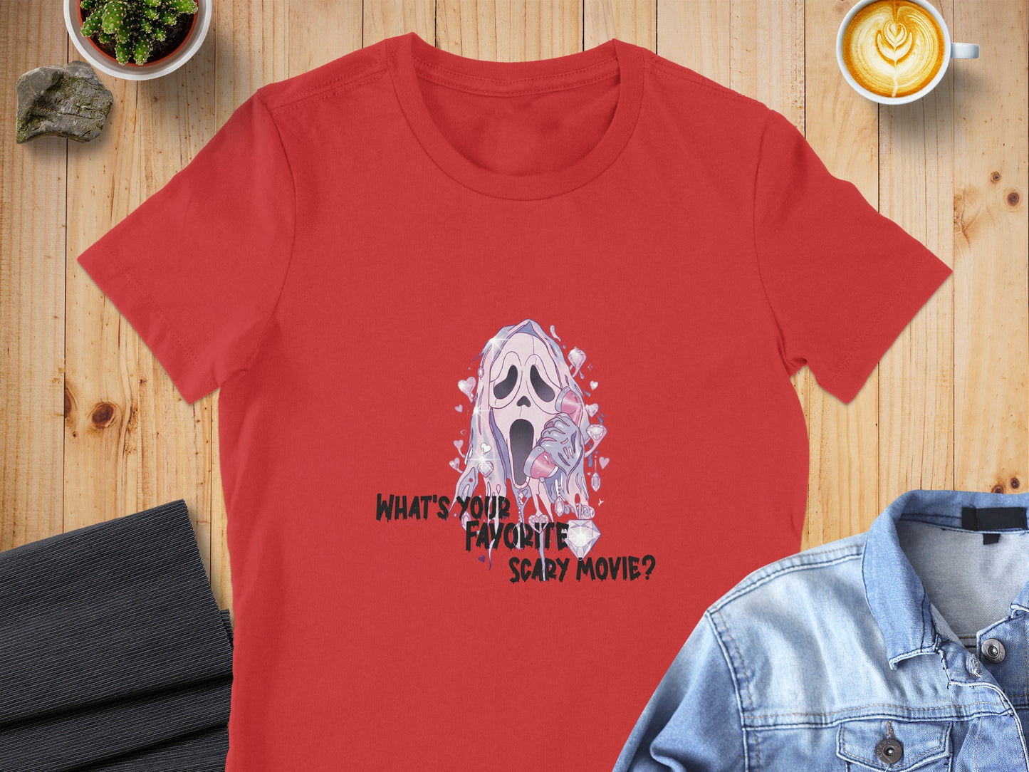 Red t-shirt with Ghostface and text "What's your favorite scary movie?".