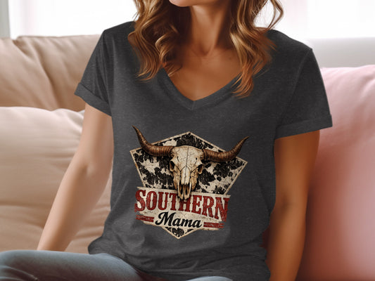 Dark grey v-neck t-shirt with a bull skull and "Southern Mama" text graphic.
