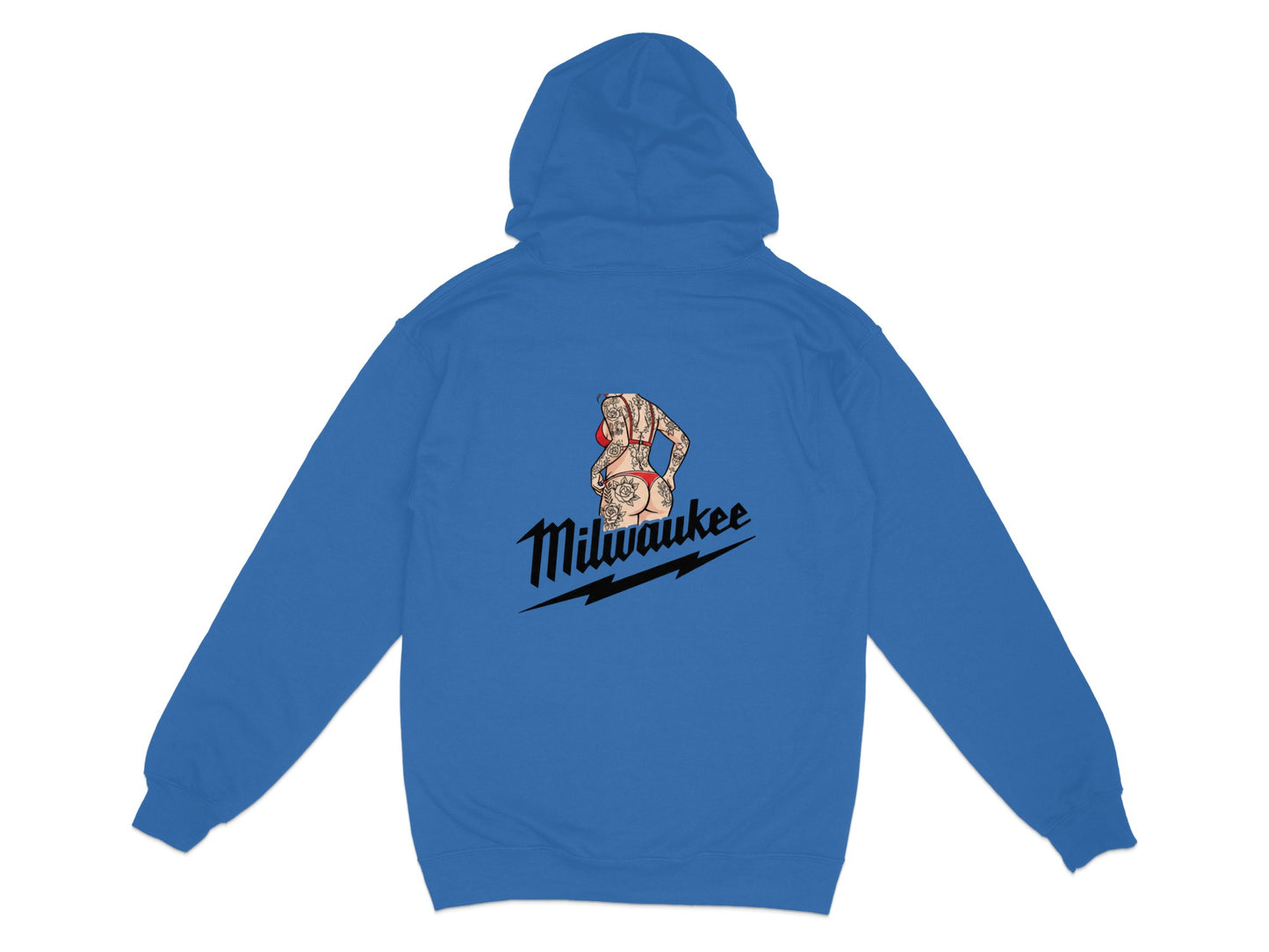 Blue hoodie with tattooed woman graphic and "Milwaukee" text on the back.