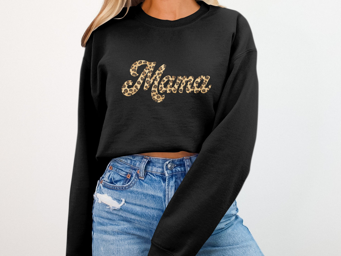 Black sweatshirt with "Mama" in leopard print lettering.