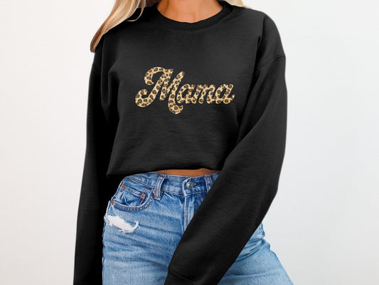 Black sweatshirt with "Mama" in leopard print lettering.