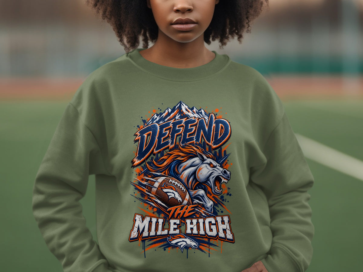 Green sweatshirt with a graphic of a horse, football, mountains, and text "DEFEND THE MILE HIGH".