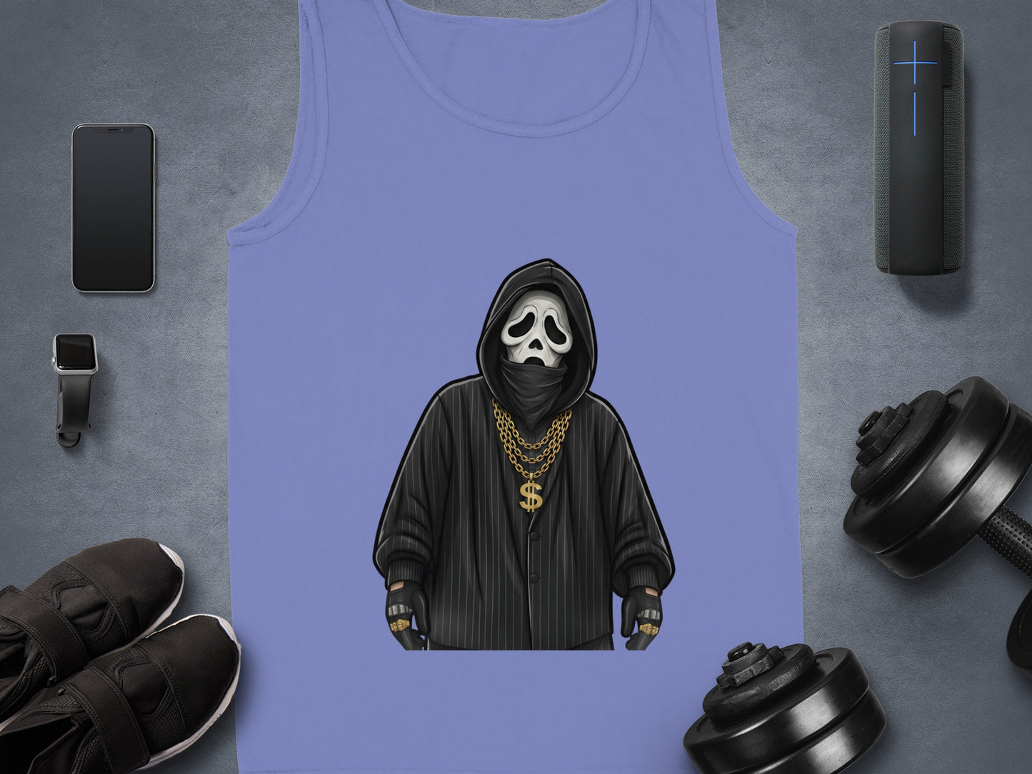 Tank top with ghost face graphic, gold chain, dumbbells, and workout gear.