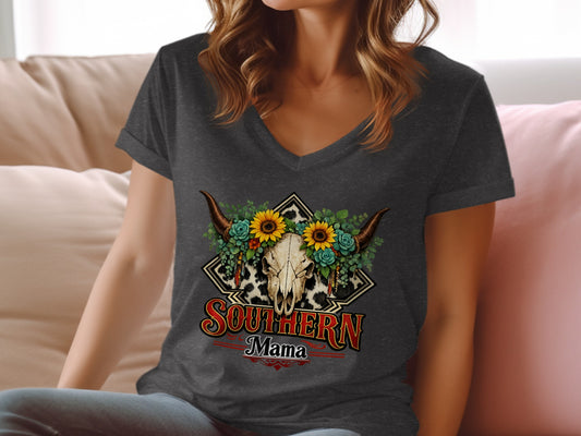 Woman wearing a dark v-neck t-shirt with a steer skull and floral graphic.