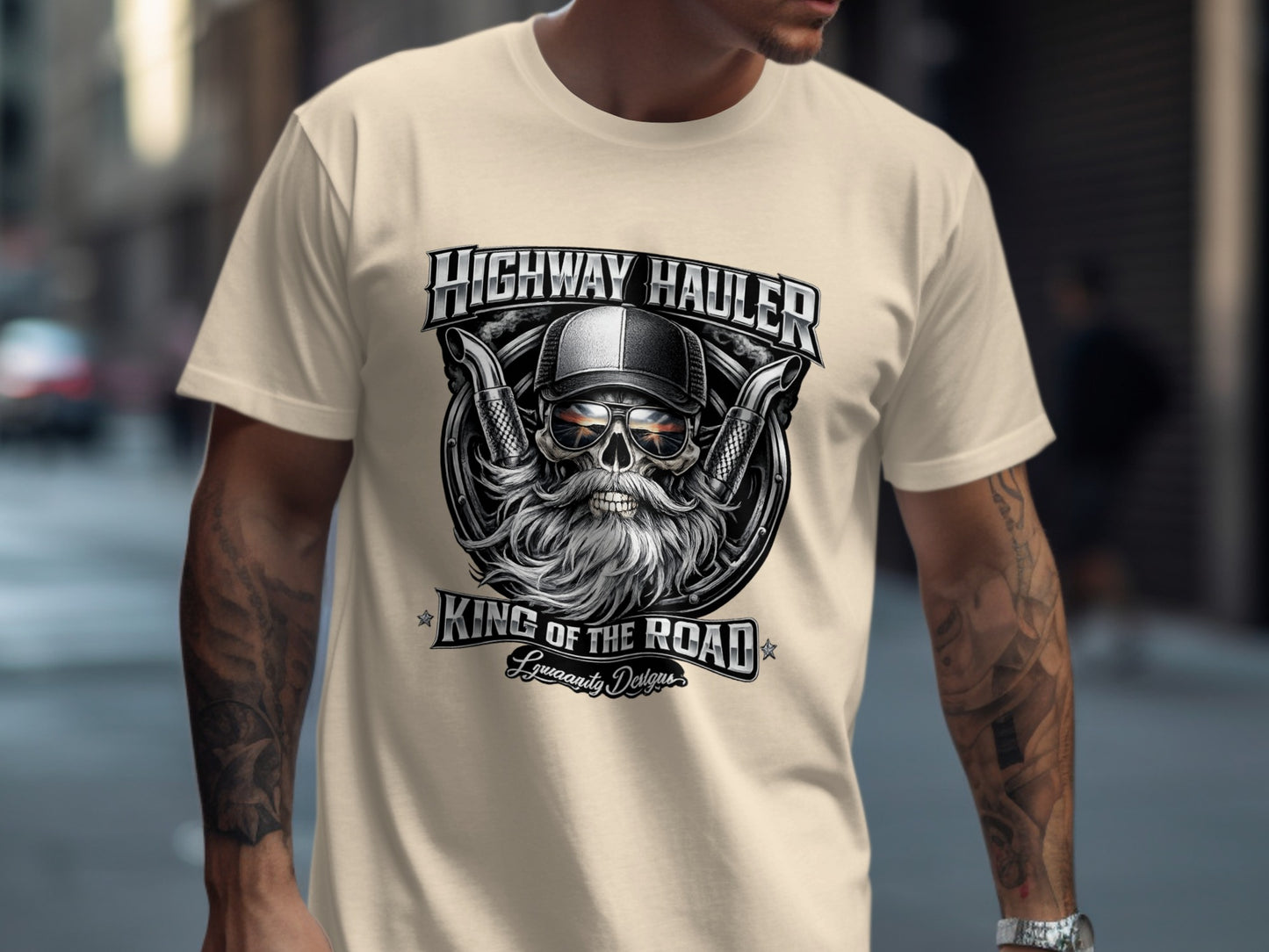 Cream t-shirt with "Highway Hauler King of the Road" graphic featuring a bearded trucker.