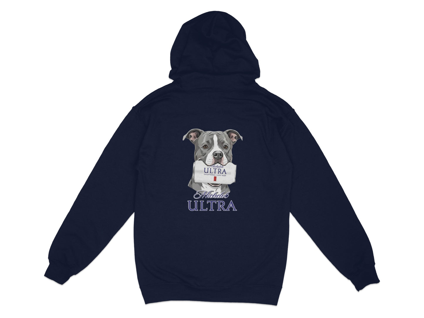 Navy hoodie featuring a pit bull wearing a bowtie holding a Michelada's ULTRA box.