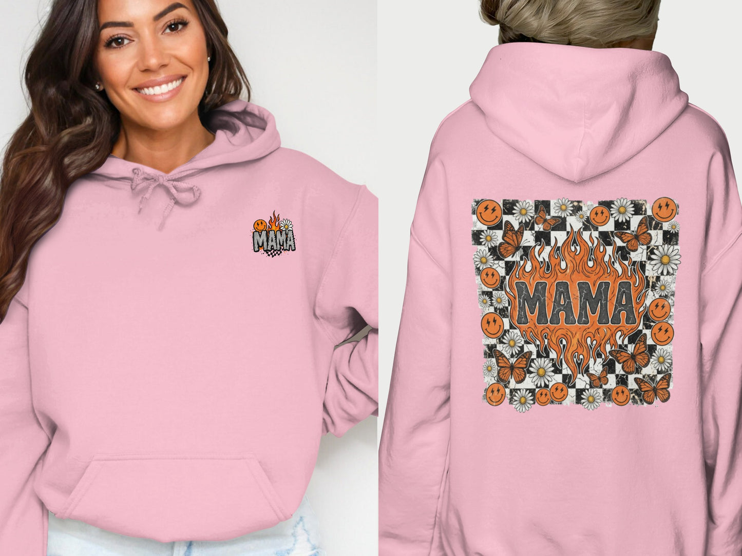 Pink hoodie with "Mama" and floral flame design on front and back.
