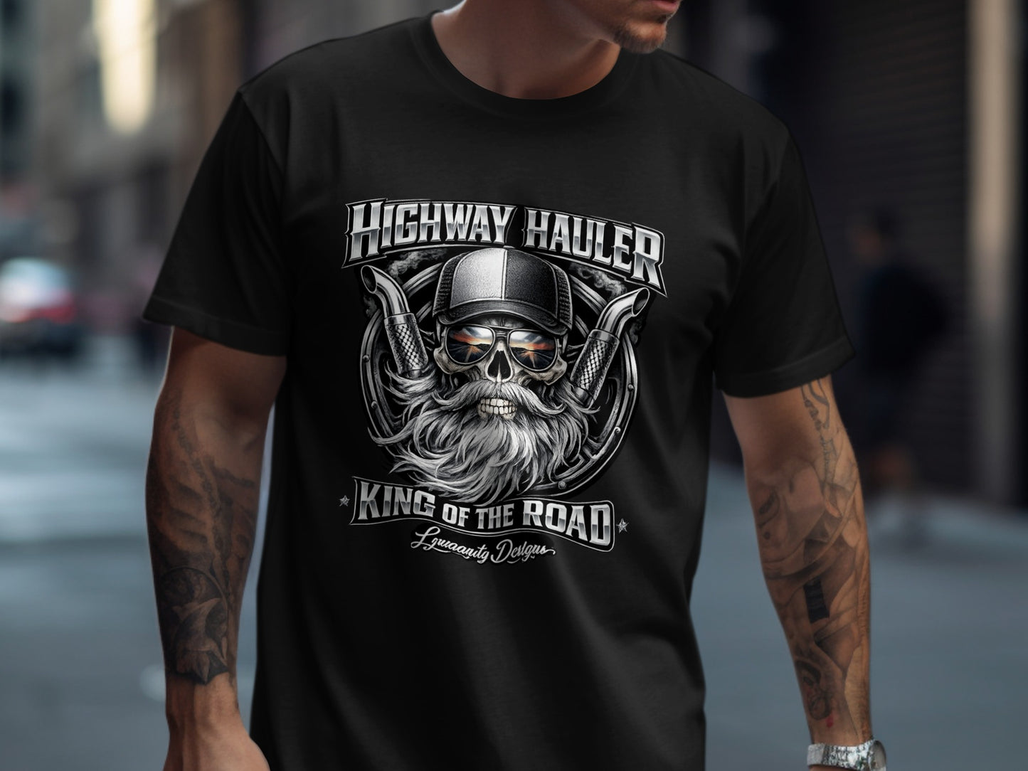Black t-shirt with "Highway Hauler King of the Road" graphic.