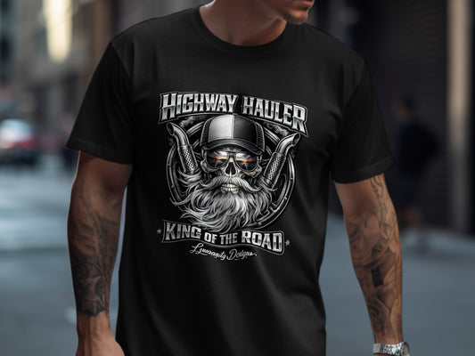 Black t-shirt with "Highway Hauler King of the Road" graphic.
