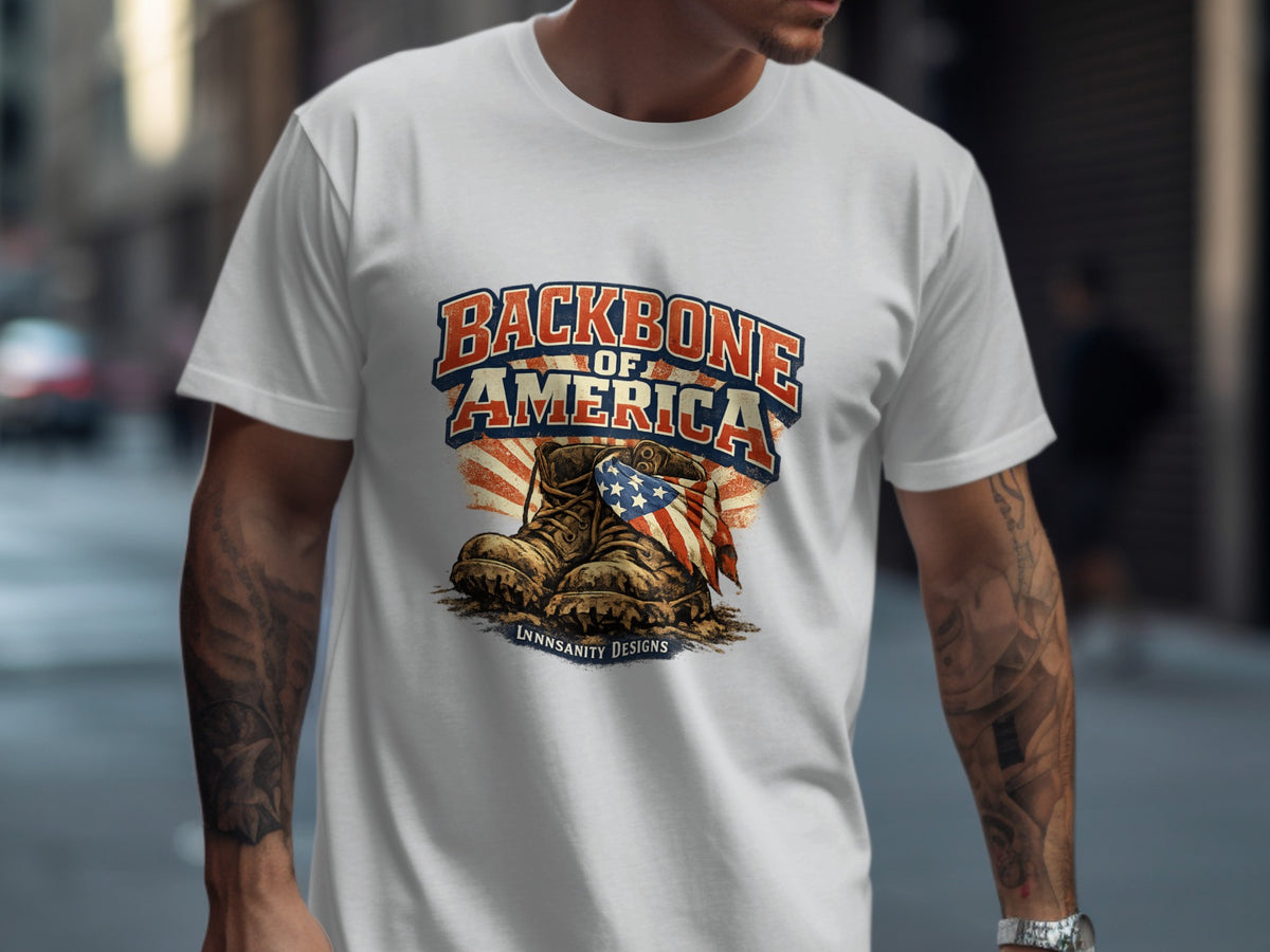 White t-shirt featuring boots with American flag and "Backbone of America" text.