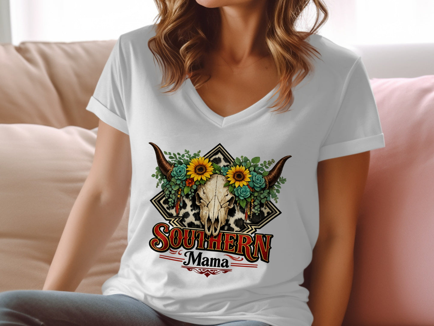 White t-shirt with cow skull, sunflowers, and "Southern Mama" text.