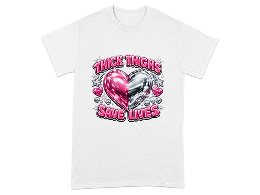 T-shirt with "Thick Thighs Save Lives" text and chrome heart graphic.