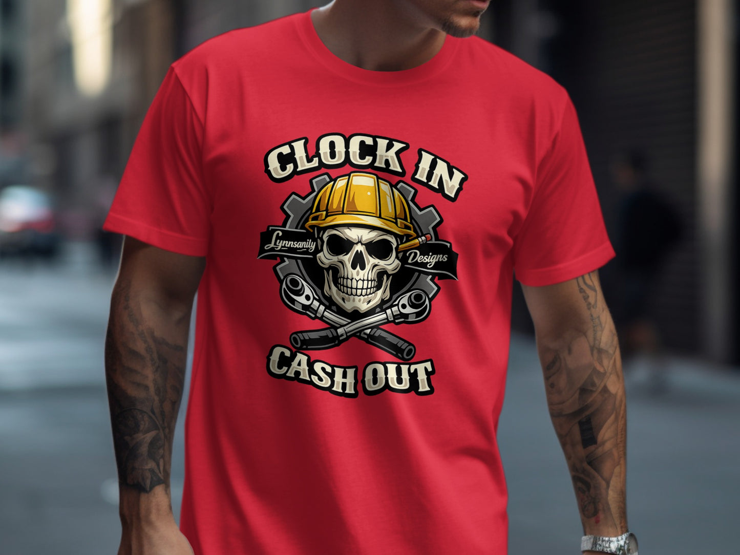 Red t-shirt with "Clock In Cash Out" skull and crossed wrenches graphic.