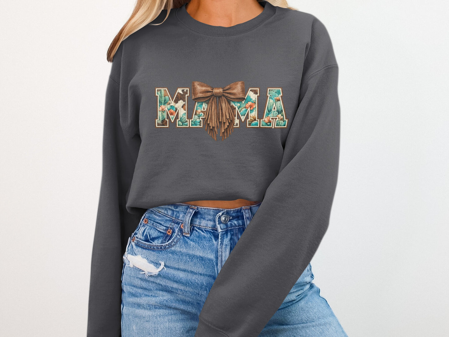 Dark gray crewneck sweatshirt with "MAMA" text featuring floral and cactus design.
