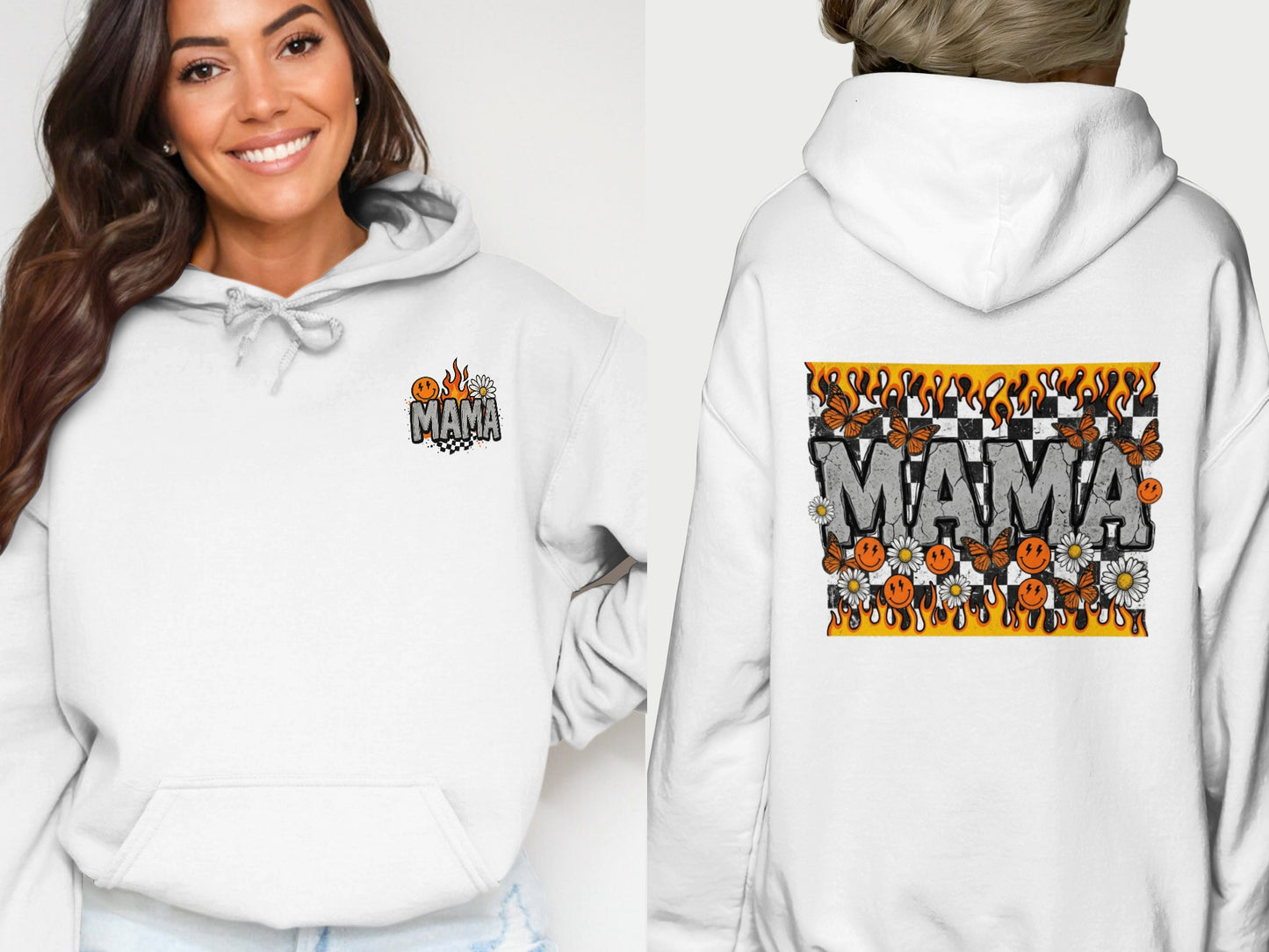 White hoodie with "MAMA" text, checkered pattern, flames, and butterflies.