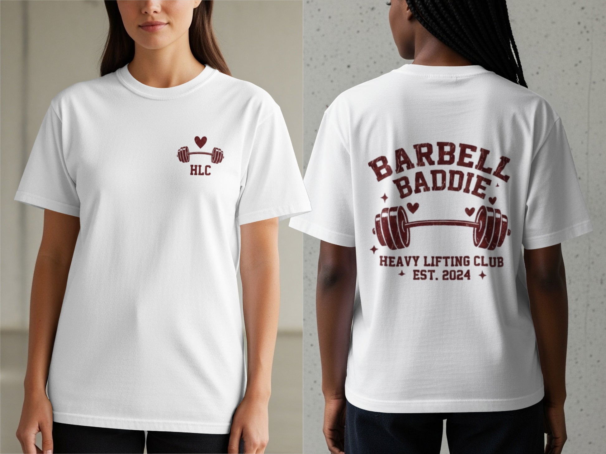 White t-shirt with "Barbell Baddie" and dumbbell graphic on back.