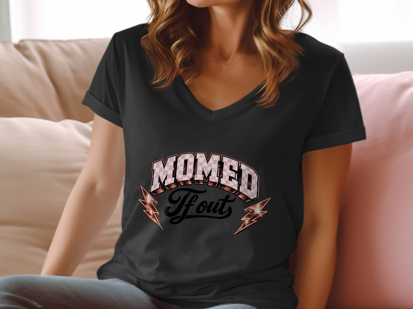 Black v-neck t-shirt with "Mommed tf out" text and lightning bolts.
