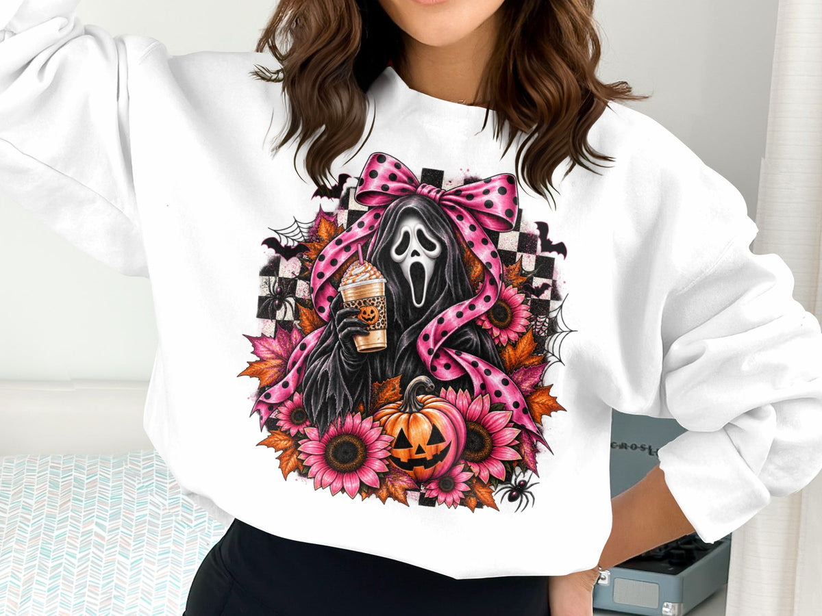 Ghostface holding a pumpkin coffee cup surrounded by sunflowers and fall leaves.