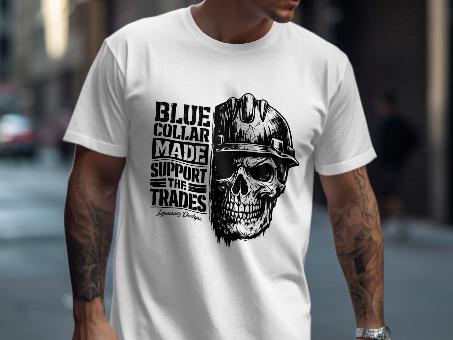 T-shirt with skull wearing hard hat and text "BLUE COLLAR MADE SUPPORT THE TRADES".