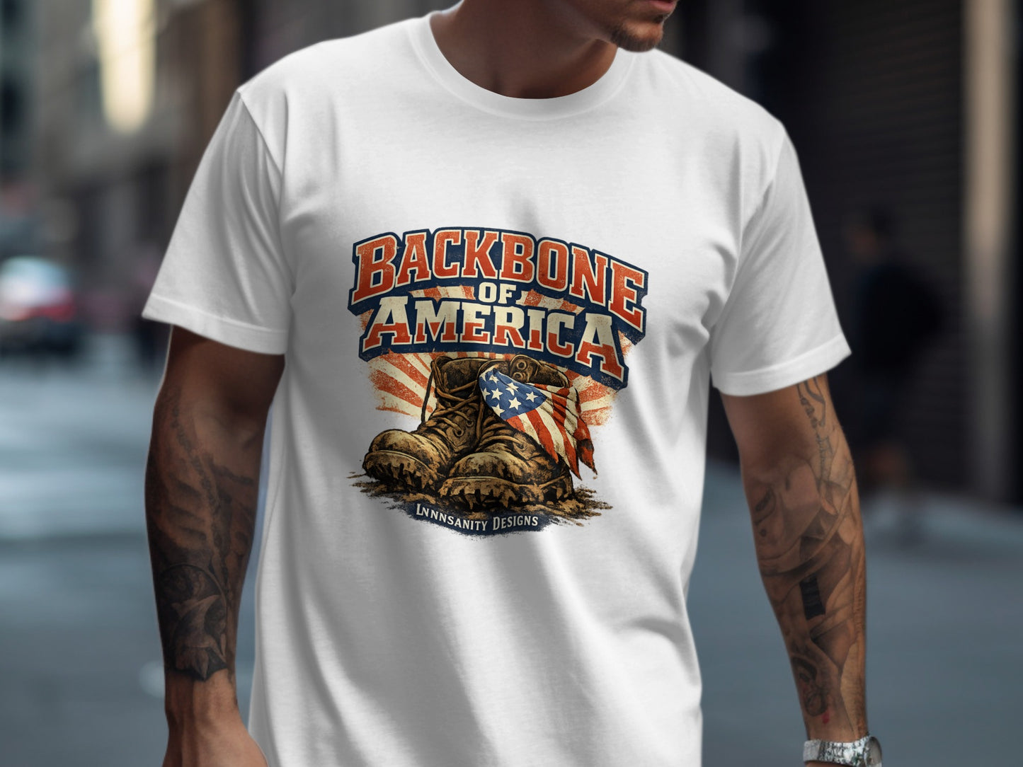 White t-shirt with "Backbone of America" text and distressed combat boots with US flag.