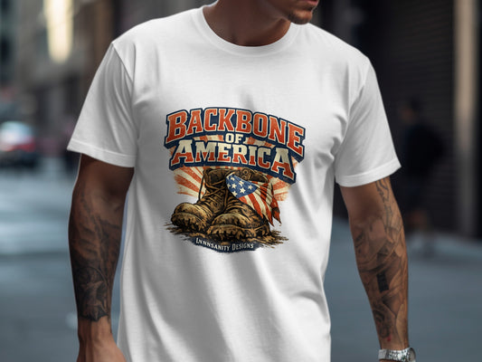 White t-shirt with "Backbone of America" text and distressed combat boots with US flag.