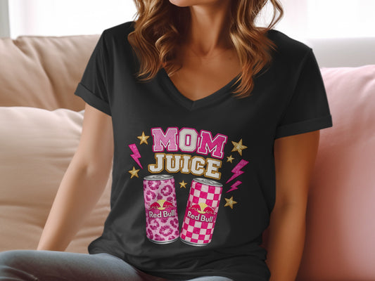 Black t-shirt with "Mom Juice" design and two Red Bull cans.