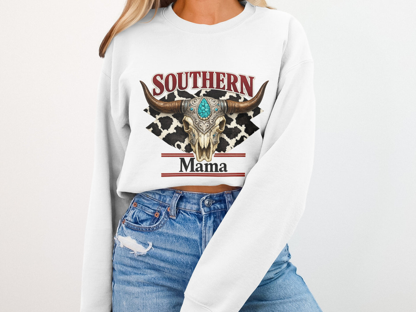 White sweatshirt with bull skull graphic and "Southern Mama" text.
