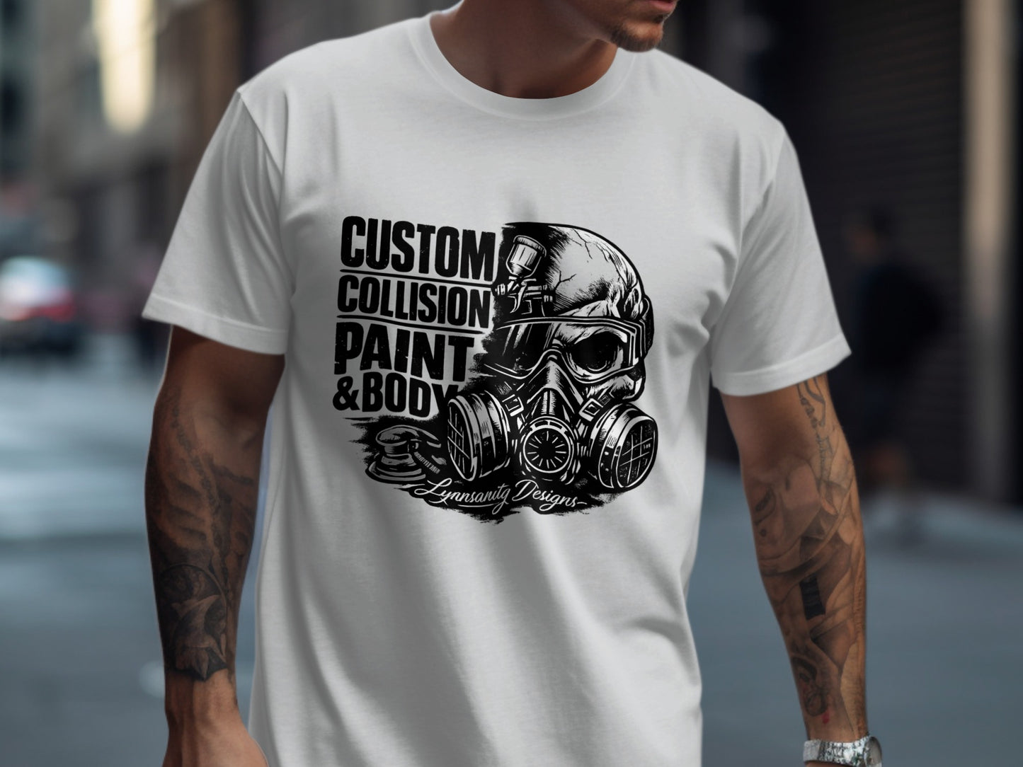 T-shirt with skull, gas mask, and "CUSTOM COLLISION PAINT & BODY" text.